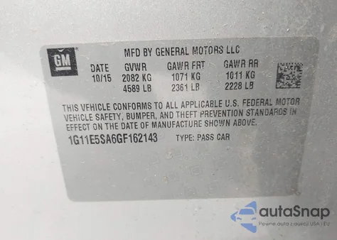 2016 Chevrolet Malibu Limited Ltz z USA, uszkodzony, nr VIN 1G11E5SA6GF162143